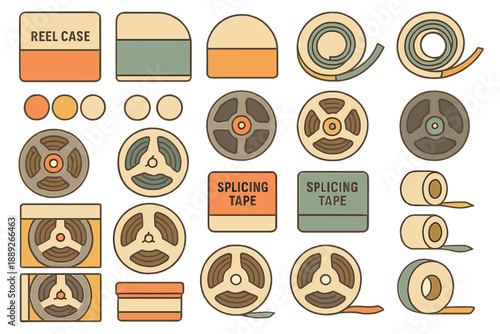 Collection of reel cases, splicing tape, and audio reels on a white background for recording and editing sounds