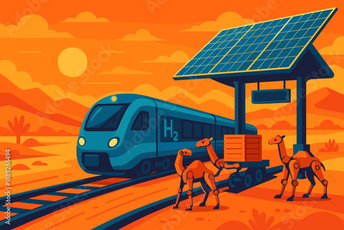 Train transports goods with camels under solar panels in desert setting at sunset