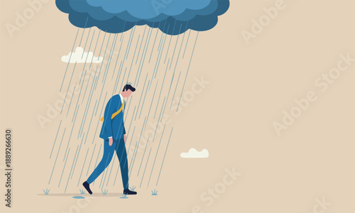 Having bad day, disappointed work, discourage or depression, failure feeling bad or difficulty, having problem and trouble concept, depressed wet businessman walking in raining thunderstorm.
