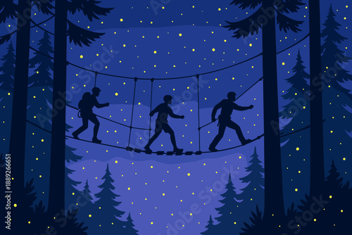 Group of people crossing a rope bridge in the forest at night under a starry sky