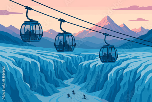 People ride cable cars over a snowy landscape with mountains in the background during dusk