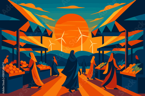 Market scene at sunset with women walking and wind turbines in the background