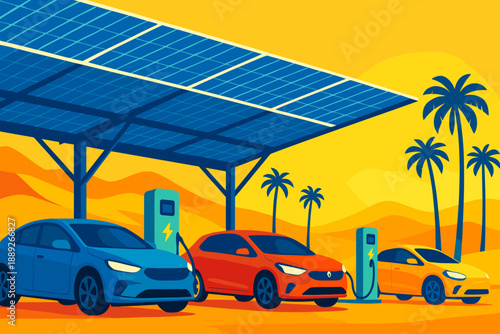 Electric cars are charging at a solar-powered station with palm trees in the background and a sunset view in a desert area