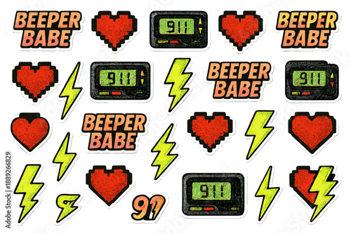 Stickers of hearts, lightning bolts, and beepers with the phrase Beeper Babe and emergency number displayed in bright colors
