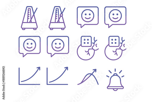 Mix of simple icons showing rhythm, emotions, reactions, and growth with a bell to indicate time