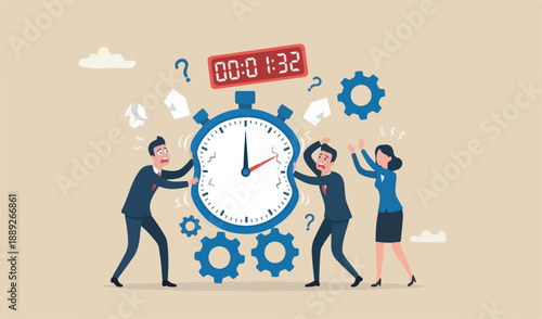 Time pressure or running of time, stress or anxiety finish within aggressive meeting management concept, frustrated marketing businessman to up squeezed timer to clock