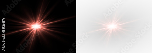 Sparkling burst with sunlight and spotlight rays. Star flare explosion, glowing lens flare, and festive magic glow.