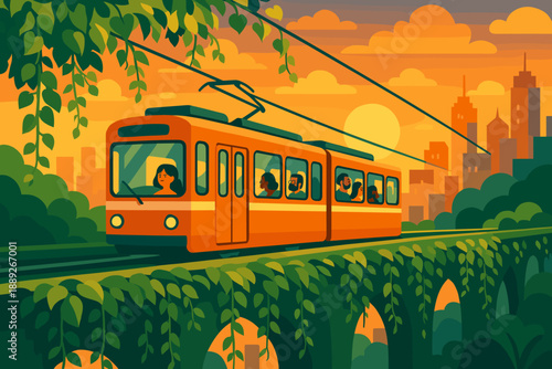 Sunset tram ride over green city bridge with skyline views and people enjoying the journey