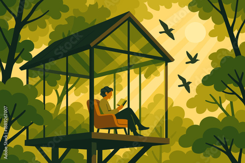Reading in a glass house in the forest with birds flying and sunlight filtering through the trees in the background