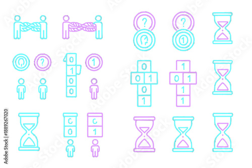 Icons showing people interacting with symbols of time, numbers, and puzzles in a digital format