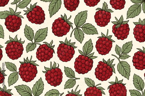 Raspberries with green leaves covering a light background in a repeated pattern throughout the design