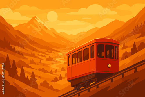 Train travels down a mountain in a valley during sunset