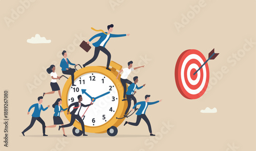 Time management, work schedule and deadline or productivity efficiency concept, businessmen rolling clock skillful man middle team togethers success manage to target