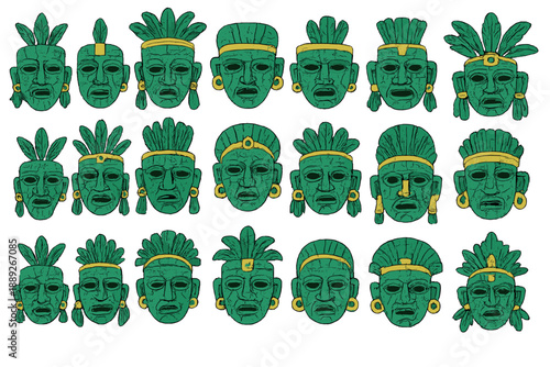Masks show different faces in green color with gold accents and features typical to a culture found in ancient history and artifacts