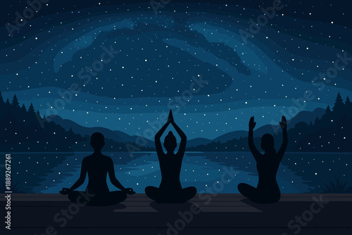 People practicing yoga under a starry sky by a lake in the evening with mountains in the background