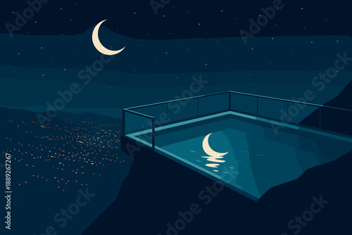 Night scene with a moon reflecting in water by a balcony with a view of distant lights in the mountains