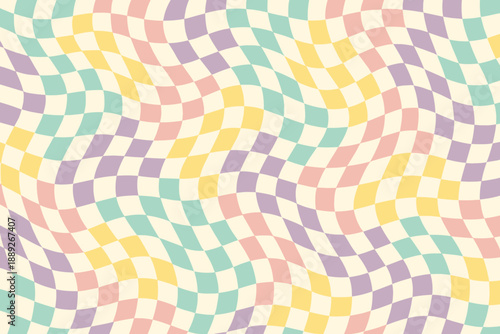 Colorful wave pattern fills the background with pastel shades of pink, blue, yellow, and purple in a seamless design
