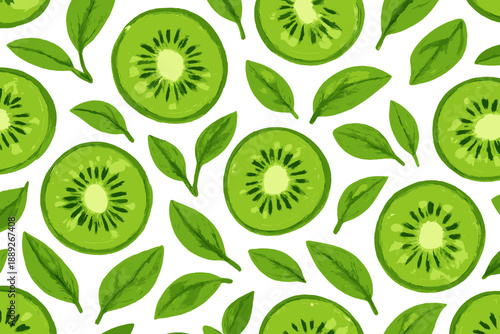 Kiwi slices and green leaves create a pattern on a white background in a design setup