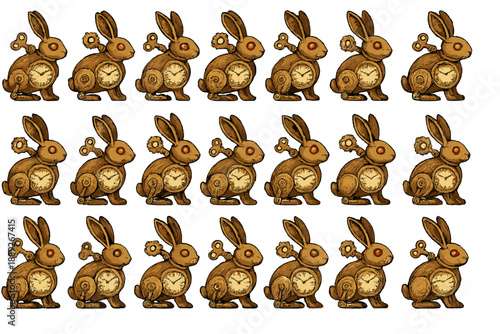 Rabbits with clocks are arranged in a neat pattern showing different positions and sizes during a creative design session