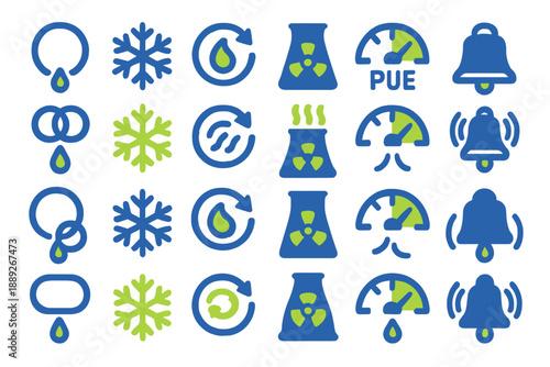 Design of various symbols related to water, temperature changes, and alert systems commonly used in science and industry settings