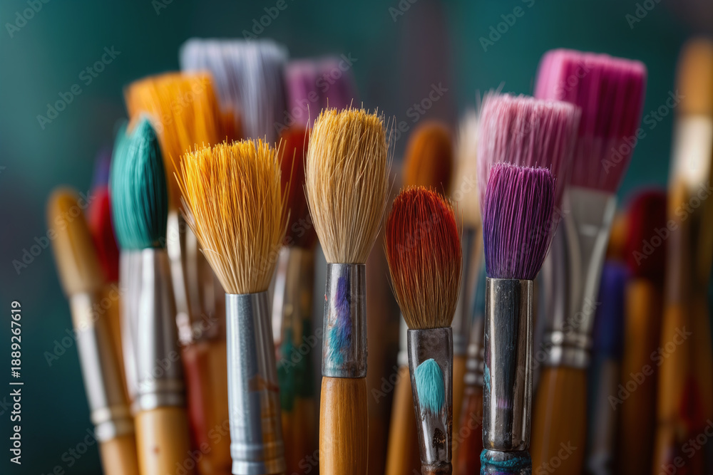 Fototapeta premium Hobby Art - Vibrant Paintbrush Collection Displaying Creative Tools for Artistic