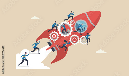 Organization efficiency, development workflow, business strategy team too success, company concept, business people big red rocket running cogwheel drive business.
