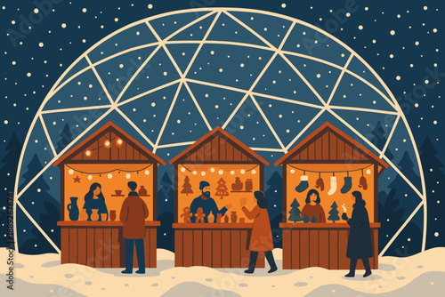 Winter market takes place under a dome with stalls selling craft items and holiday decorations during the evening