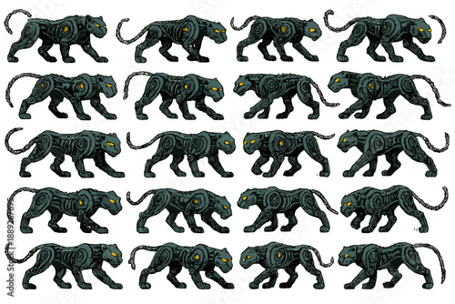 Black panther robots in various walking positions on a white background in a digital art format