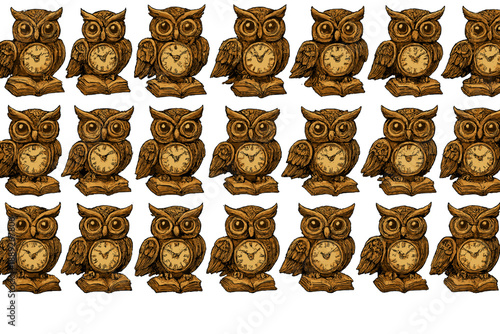 Owls with clocks displayed in a row on white background for decoration or craft project