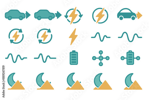 Symbols related to electric vehicles and energy sources arranged in a grid pattern for easy understanding of concepts