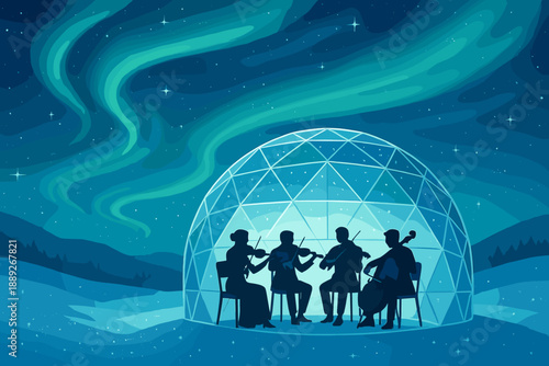Musicians perform inside a dome while the northern lights shine in the night sky over a snowy landscape