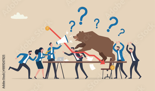 Bear market, stock decline by economic crisis, recession or bubble burst, crypto going to concept, businessman desk investor sell stocks run from bear tram meeting red decline graph table.