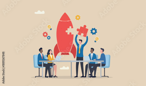 Solve business problem with creativity, finishing or complete brilliant concept, analysis marketing smart businessman assemble piece team jigsaw complete red big rocket puzzle