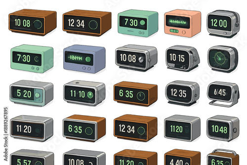 Different alarm clocks showing various times and styles in a grid layout suitable for a variety of settings and uses