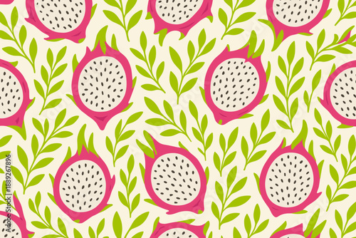 Colorful pattern showing dragon fruit and leaves on a light background with repetitive design elements