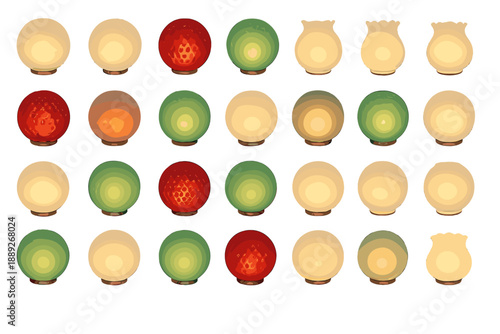 Different types of glass lamps arranged in a grid pattern on a white background showcasing their shapes and colors during daytime