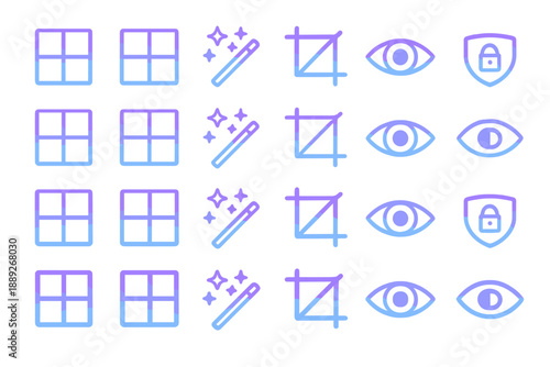 Icons showing different user interface elements like windows, magic wands, graphs, and security symbols for design purposes
