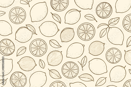 Lemons and lemon slices in a simple pattern on a light background made for design or decoration