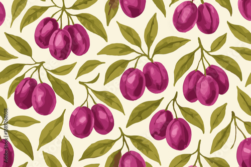 Pattern of purple plums with green leaves on a light background, ideal for fabric or wallpaper design in sunny settings