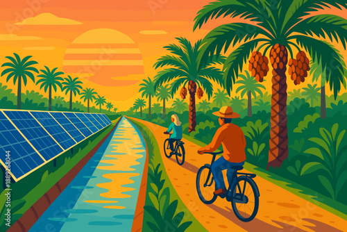 Cyclists ride by solar panels and a water canal during sunset in a tropical setting with palm trees