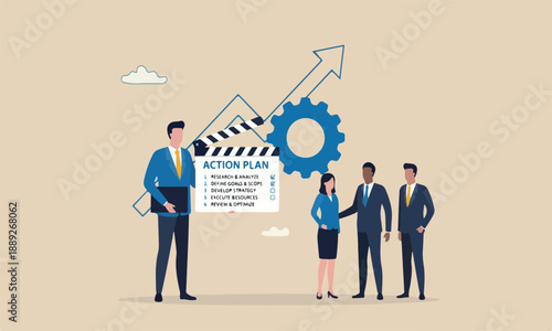 Action with checklist meeting teams central bank step of business implementation, procedure strategy plan finish project concept, businessman manager with director clapboard or slate listing action pl