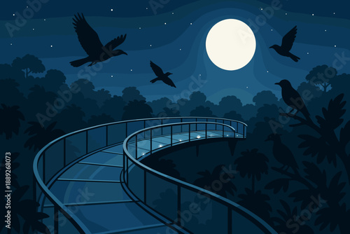 Walking on a curved path surrounded by trees at night under a bright moon with birds flying above