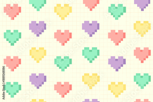 Colorful heart patterns on a light background with pixel art style arranged in rows and columns during daytime