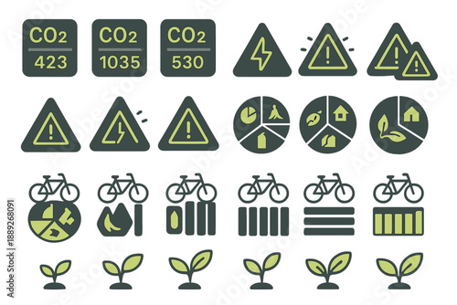 Graphic showing different environmental signs and symbols related to carbon emissions and sustainability efforts