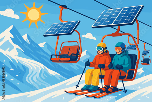 Skiers on a chairlift enjoying a sunny day in the mountains with solar panels on the lift