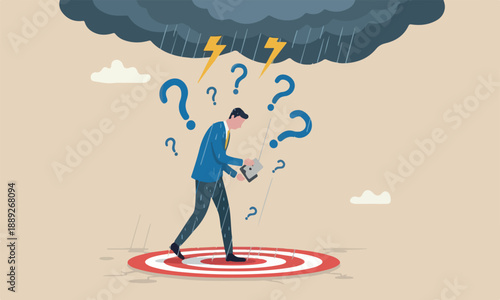 Having bad day, target , depression, failure feeling bad or difficulty, having problem and trouble concept, depressed wet businessman walking in raining thunderstorm.