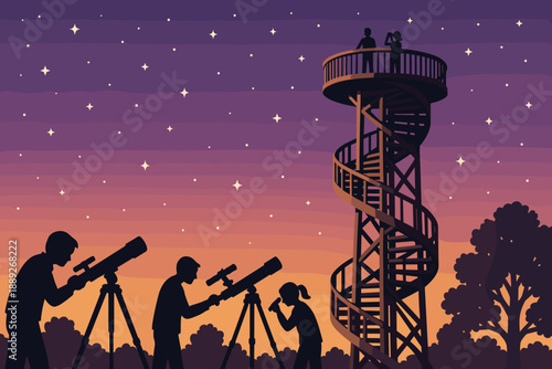 People using telescopes at an observation tower during a clear night under the stars