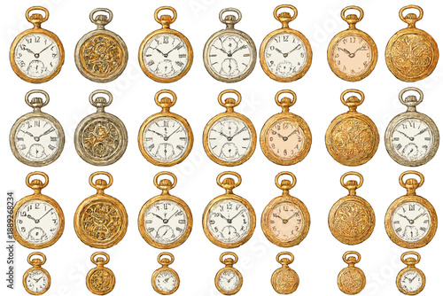 Collection of vintage pocket watches in various designs and styles displayed in a grid format