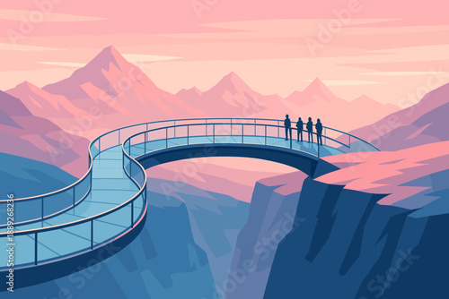 Viewers stand on a bridge overlooking a mountain landscape during sunset with colorful skies and peaks in the background