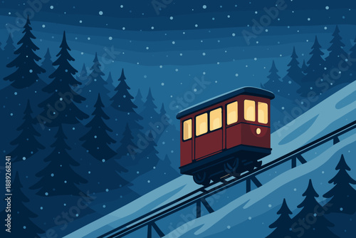 Snowy hillside train moves up the slope at night through pine trees with lights glowing in the window